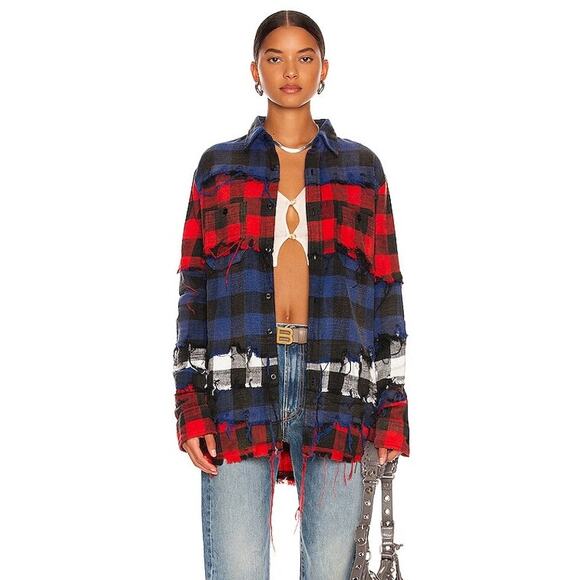 R13 Pieced Navy Red Ecru Buffalo Plaid Button Up Shirt Size Large NWT - Picture 1 of 7